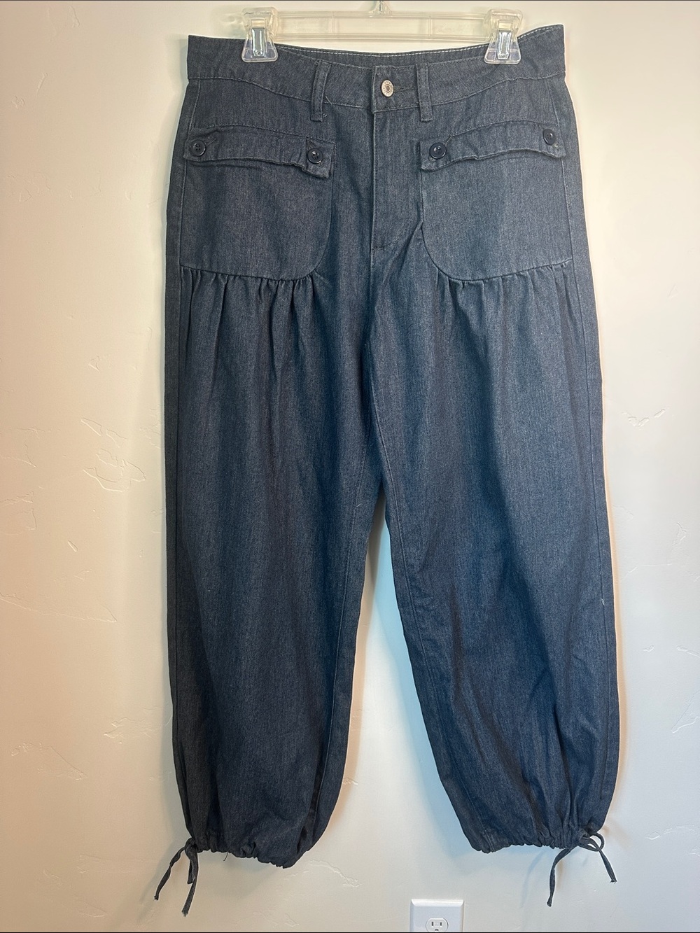 Kuku Jeans Boutique Boho High-Rise Dark Blue Wide-Leg Gathered Hem Pants